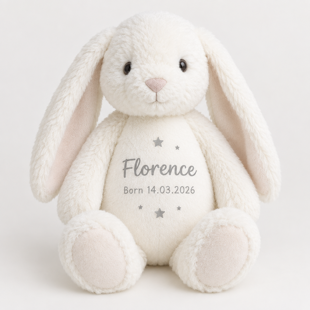 Personalised Bunny Rabbit Soft Toy – Name, Date of Birth & Message – Personalised Bunny Rabbit Soft Toy – personalised bunny rabbit soft toy: a soft white plush bunny rabbit toy with long