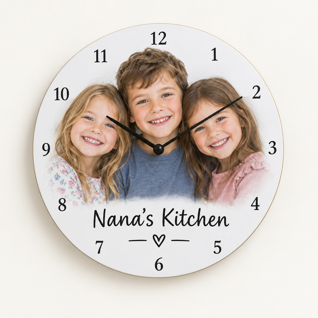 Personalised Photo Wall Clock – 30cm Round MDF Clock with Photo & Name – Personalised Photo Wall Clock – personalised photo wall clock with the face printed with a photo of three smiling