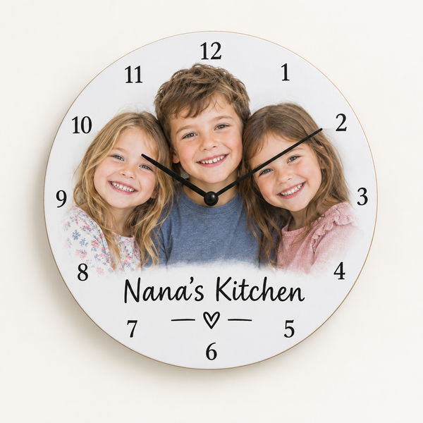 Personalised Photo Wall Clock – personalised photo wall clock with the face printed with a photo of three smiling