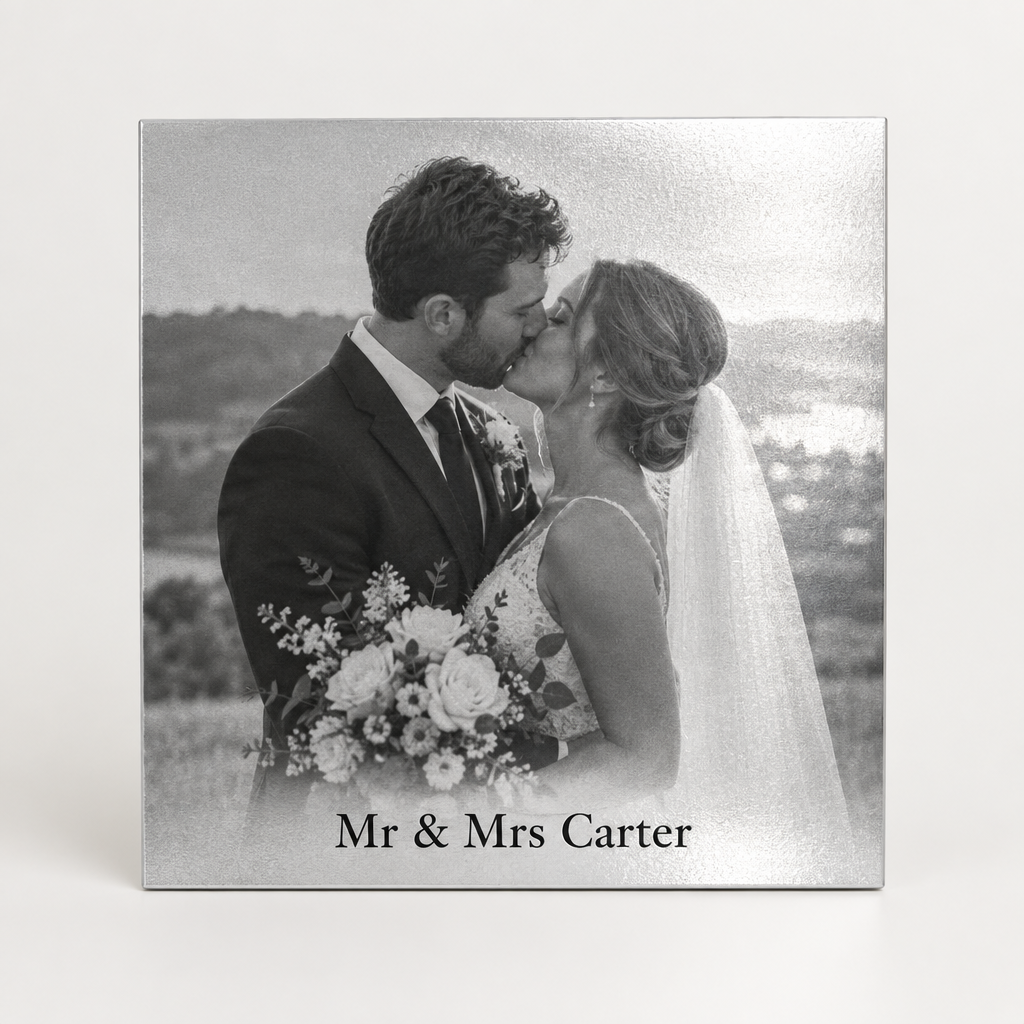 Personalised Square Silver Metal Photo Print – 29.2cm Gloss Silver Aluminium Panel – Personalised Square Silver Metal Photo Print – personalised silver metal photo print printed with a black and white wedding