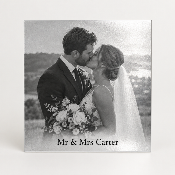 Personalised Square Silver Metal Photo Print – personalised silver metal photo print printed with a black and white wedding