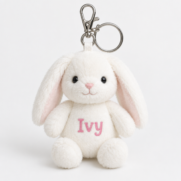 Personalised Mini Bunny Keyring – personalised mini bunny keyring: a small soft white plush bunny rabbit keyring with a