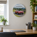Personalised metal photo clock, hanging in a modern home office above a desk