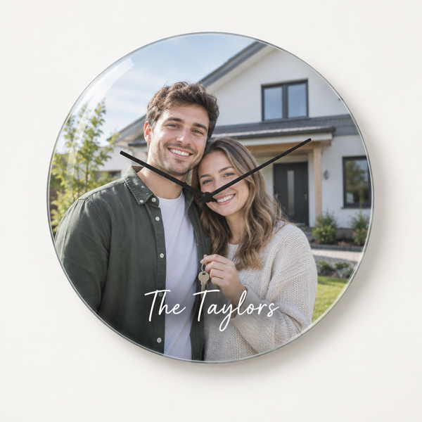 Personalised Glass Photo Clock – personalised glass photo clock printed with a photo of a young couple in front of their new