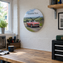Personalised metal photo clock, hanging on a garage workshop wall above a tidy workbench