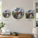 Personalised glass photo clock, three versions side by side on a wall: 20cm round, 30cm round and 20cm square glass photo clocks
