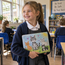 Child with a laptop wearing a custom laptop skin of her own drawing