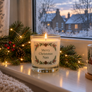 Personalised Christmas scented candle on a festive windowsill