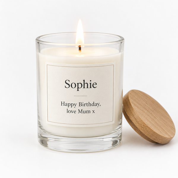 Personalised scented candle with the name Sophie and a birthday message