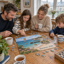 Family doing a personalised wooden jigsaw puzzle together