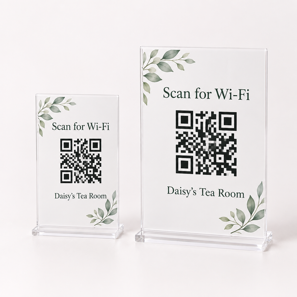 Acrylic QR code sign on a white background, showing an example personalised design