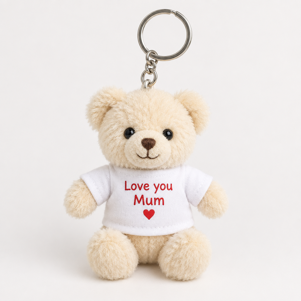 Personalised Mini Teddy Bear Keyring – Cream Bear with Printed T-Shirt – Personalised Mini Teddy Bear Keyring – personalised mini teddy bear keyring: a small soft cream plush teddy bear keyring