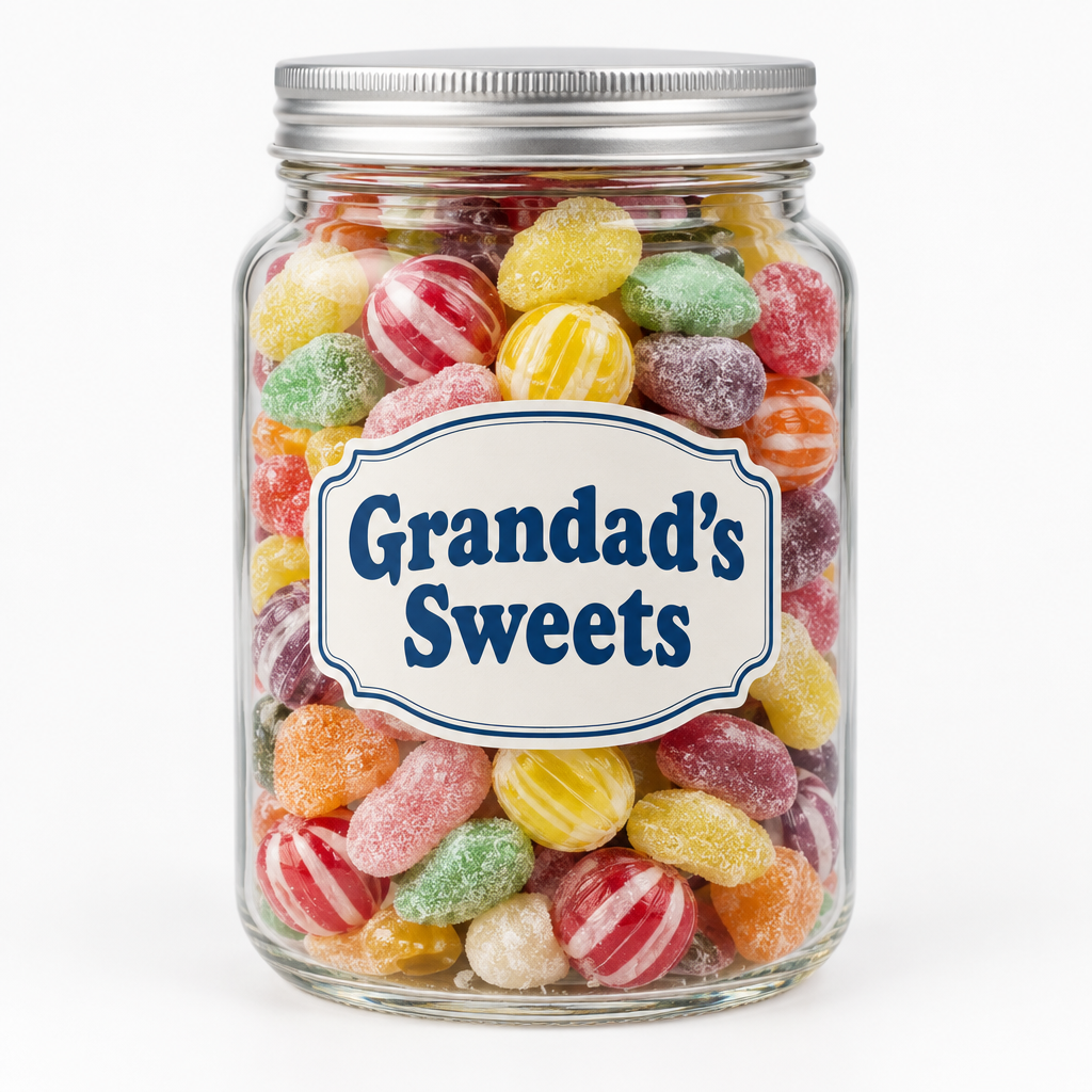 Personalised Sweet Jar – Custom Name Label – Empty or Filled with Retro Sweets – Personalised sweet jar filled with retro sweets labelled Grandad's Sweets
