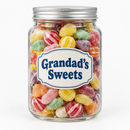 Personalised sweet jar filled with retro sweets labelled Grandad's Sweets