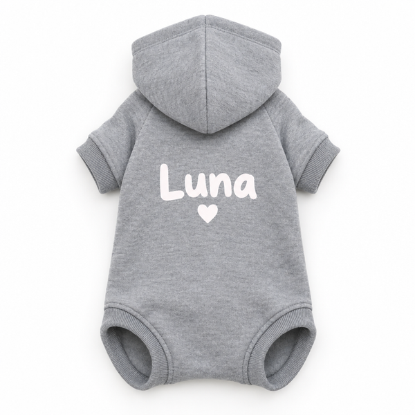 Personalised dog hoodie with the name Luna printed on the back