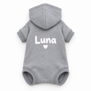 Personalised dog hoodie with the name Luna printed on the back