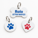 Personalised pet ID tags in bone, round and heart shapes with name and phone number