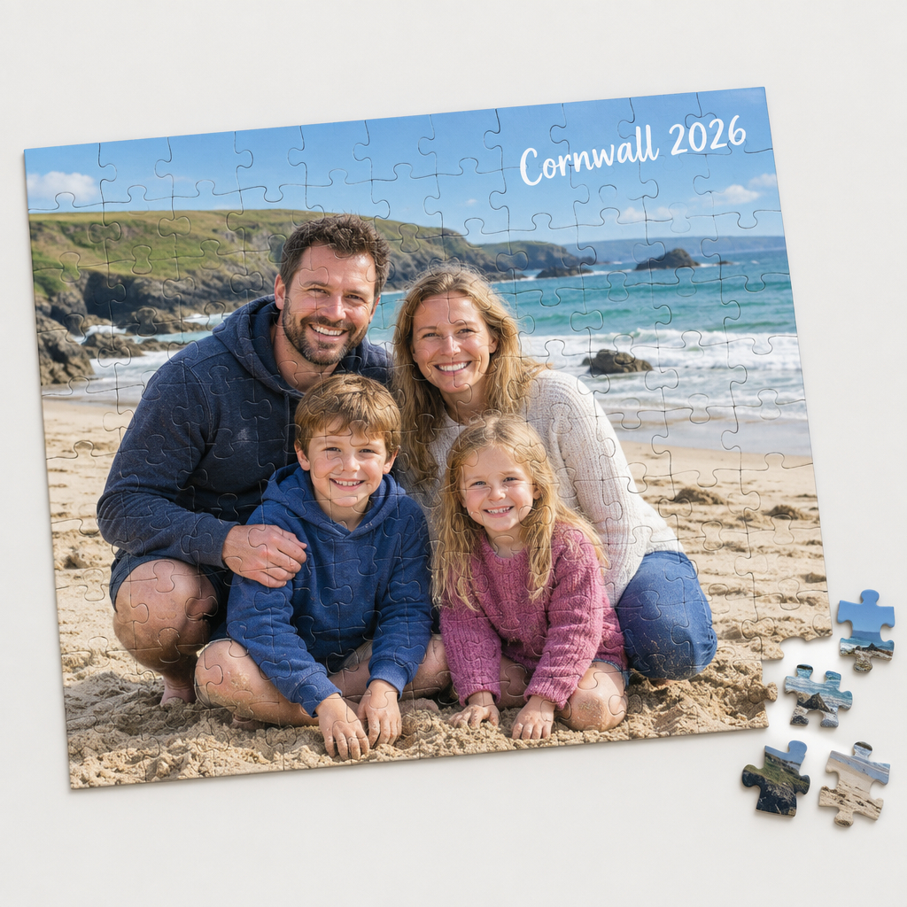 Personalised Photo Jigsaw – A4 80 Pieces with Photo & Message – Personalised Photo Jigsaw – a completed A4 personalised photo jigsaw puzzle with visible cardboard piece cut lines, showing