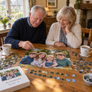 Personalised 300 piece jigsaw: a retired couple working together on a personalised 300 piece A3 photo jigsaw of their grandchildren on a dining table in a British cottage, sorted edge pieces
