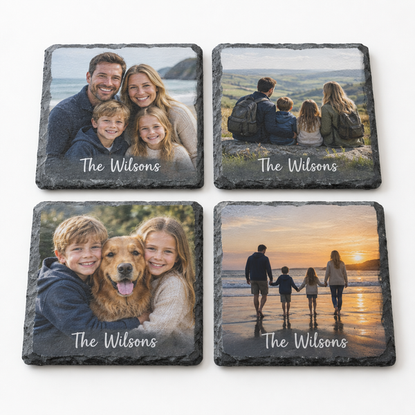 Personalised photo slate coasters with a family photo and the name The Wilsons on a white background
