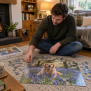 Personalised 300 piece jigsaw: a man sitting on a living room rug sorting jigsaw pieces of a personalised A3 pearl finish photo puzzle showing his dog in a field of bluebells, cosy UK home, lamp light
