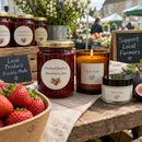 Custom product labels on jam jars at a market