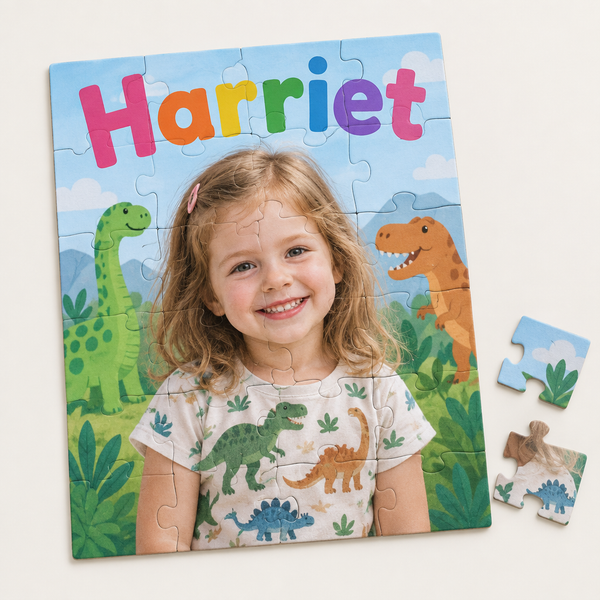 Personalised kids jigsaw: completed 30 piece jigsaw with large pieces showing a smiling girl and the name 'Harriet'