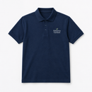 Logo polo shirt on a white background, showing an example personalised design