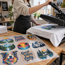 DTF transfers gang sheet being heat pressed onto a t-shirt