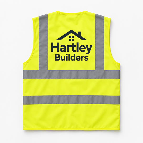 Hi-vis vest with logo on a white background, showing an example personalised design