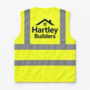 Hi-vis vest with logo on a white background, showing an example personalised design