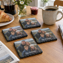 Personalised photo slate coasters with a family photo and the name The Wilsons on a kitchen table at breakfast