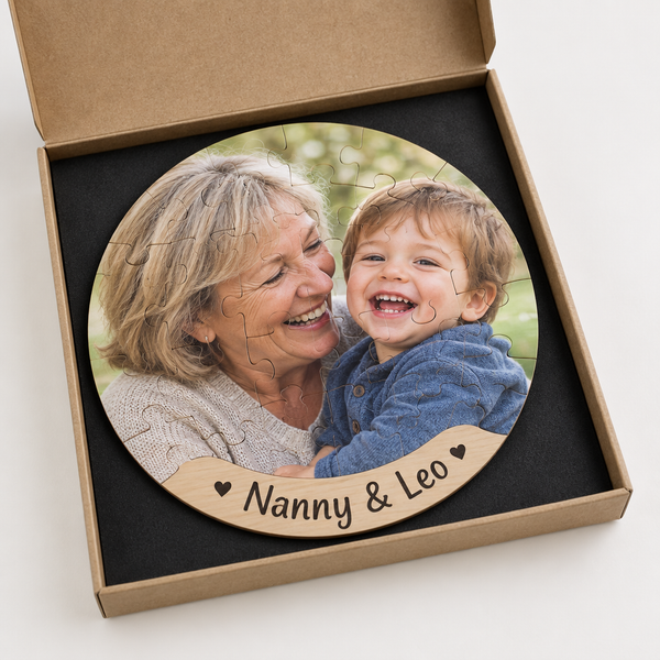 Personalised Round Wooden Jigsaw in Presentation Case – personalised wooden jigsaw: a completed personalised round MDF