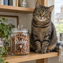 Personalised pet treat jar with a cat