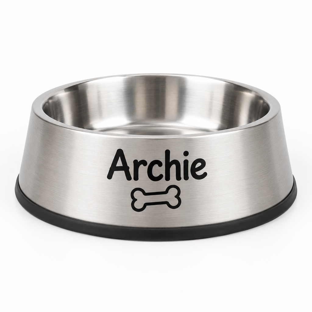Personalised Stainless Steel Pet Bowl with Name – Dog or Cat Food Bowl – Small or Large – Personalised stainless steel pet bowl with the name Archie