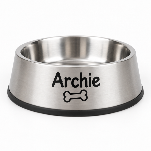 Personalised stainless steel pet bowl with the name Archie