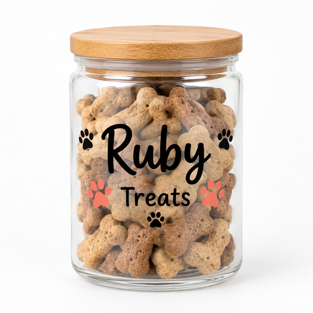 Personalised Pet Treat Jar with Name – Dog or Cat Treat Storage Jar – UV DTF Printed – Personalised pet treat jar with the name Ruby