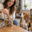Owner giving a treat from a personalised pet treat jar