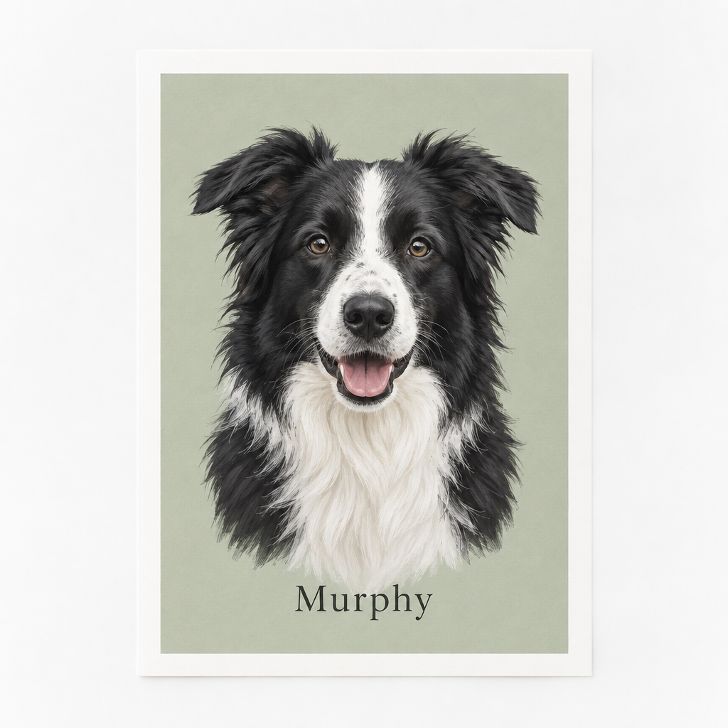 Custom Pet Portrait Print from Your Photo – Illustrated Dog or Cat Portrait with Name – A4 or A3 – Custom pet portrait print of a dog with the name Murphy