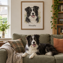 Framed custom pet portrait print above a sofa