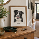 Custom pet portrait print on a hallway table