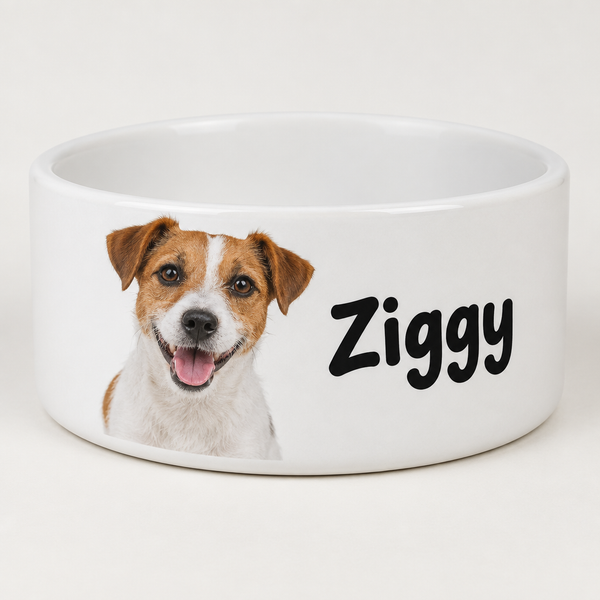 Personalised Ceramic Dog Bowl – personalised ceramic dog bowl: a personalised heavyweight white ceramic dog bowl, printed on