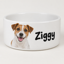 Personalised ceramic dog bowl: a personalised heavyweight white ceramic dog bowl, printed on the side with a photo of a smiling jack russell terrier and the name 'Ziggy' in bold black letters