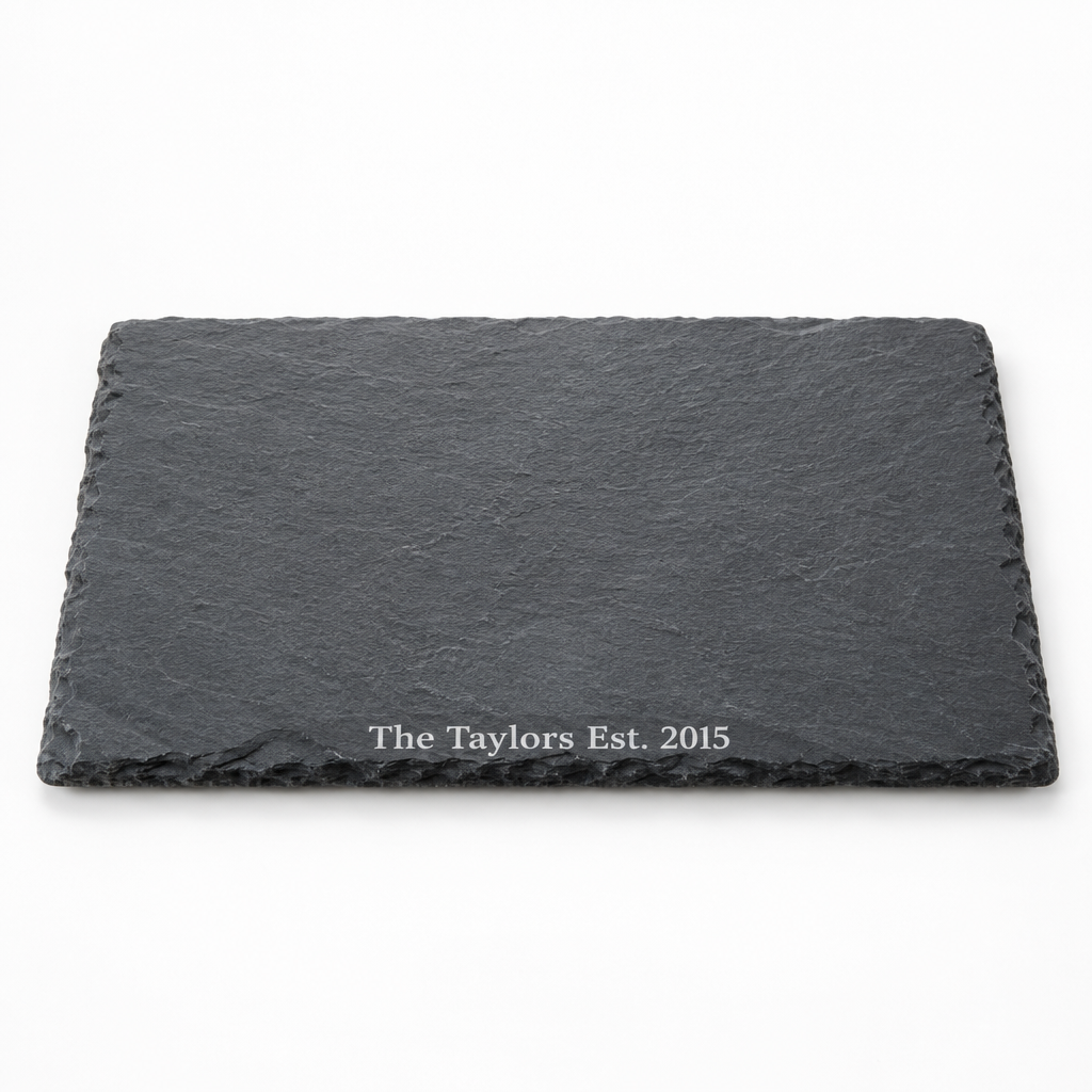 Personalised Slate Serving & Cheese Board – Family Name & Est. Year – Rectangle or Round – Personalised slate serving and cheese board with the name The Taylors on a white background