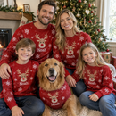 Matching family Christmas jumper with the name Noah worn by a family and their dog by a Christmas tree