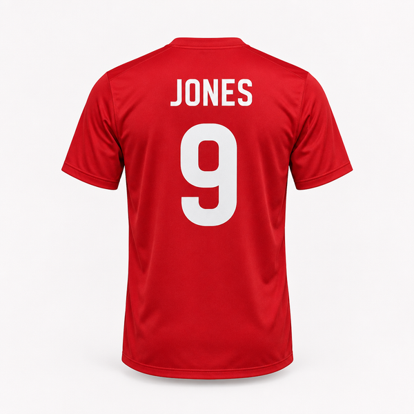 Football kit name and number printing on a white background, showing an example personalised design
