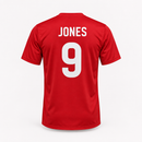 Football kit name and number printing on a white background, showing an example personalised design