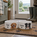 Personalised ceramic dog bowl: two personalised white ceramic dog bowls side by side printed with the names 'Ted' and 'Luna' and photos of each dog