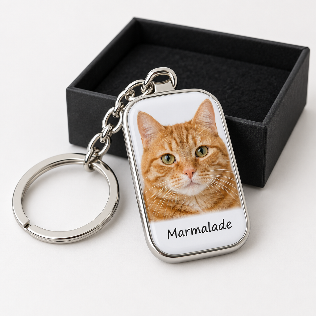Personalised Pet Photo Keyring in Gift Box – Dog or Cat Photo with Name – Personalised Pet Photo Keyring in Gift Box – personalised pet photo keyring: a personalised silver metal oblong keyring with