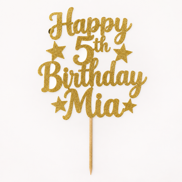 Personalised glitter cake topper on a white background, showing an example personalised design
